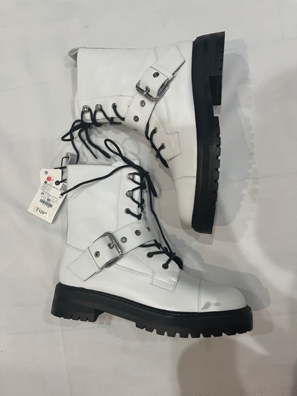 Zara White Combat Boots with Black Lug Sole